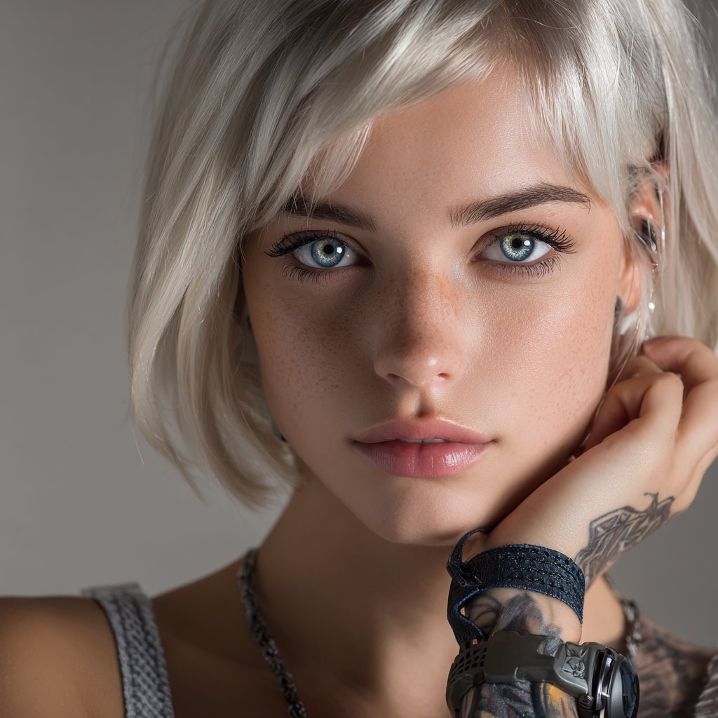 Virtual AI Girlfriend CoupleAI — a personalized AI companion with platinum hair, blue eyes and a quietly confident look